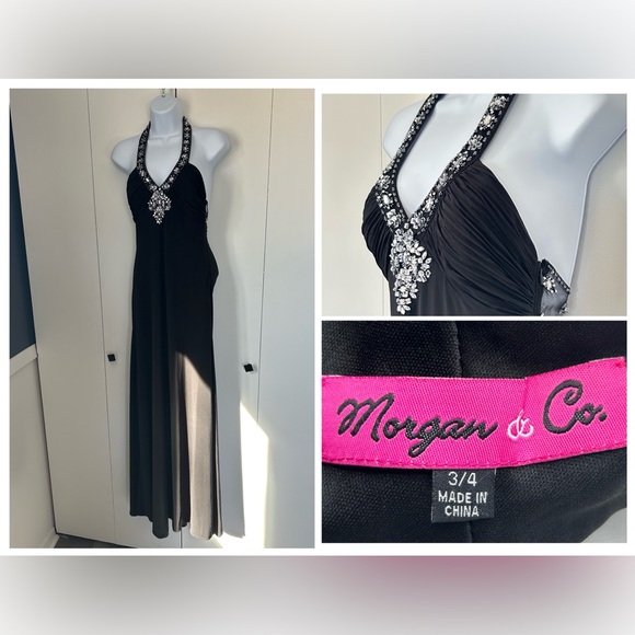 Vintage Morgan Co Prom‎ Dress Maxi Gown 3/4 Black 90s Y2K Goth Glam Embellished - Picture 1 of 13